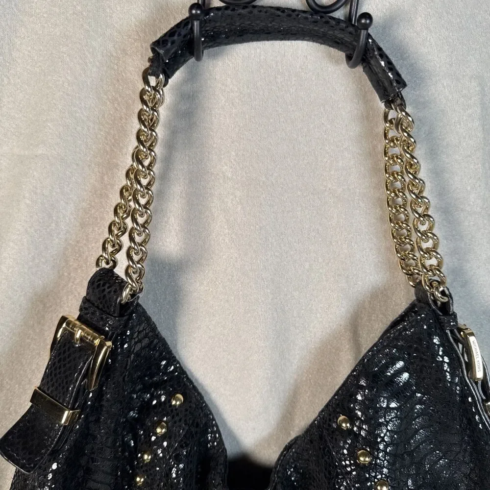 Michael Kors Black Snakeskin Python Chain Tote Shoulder Bag Boho gold accents